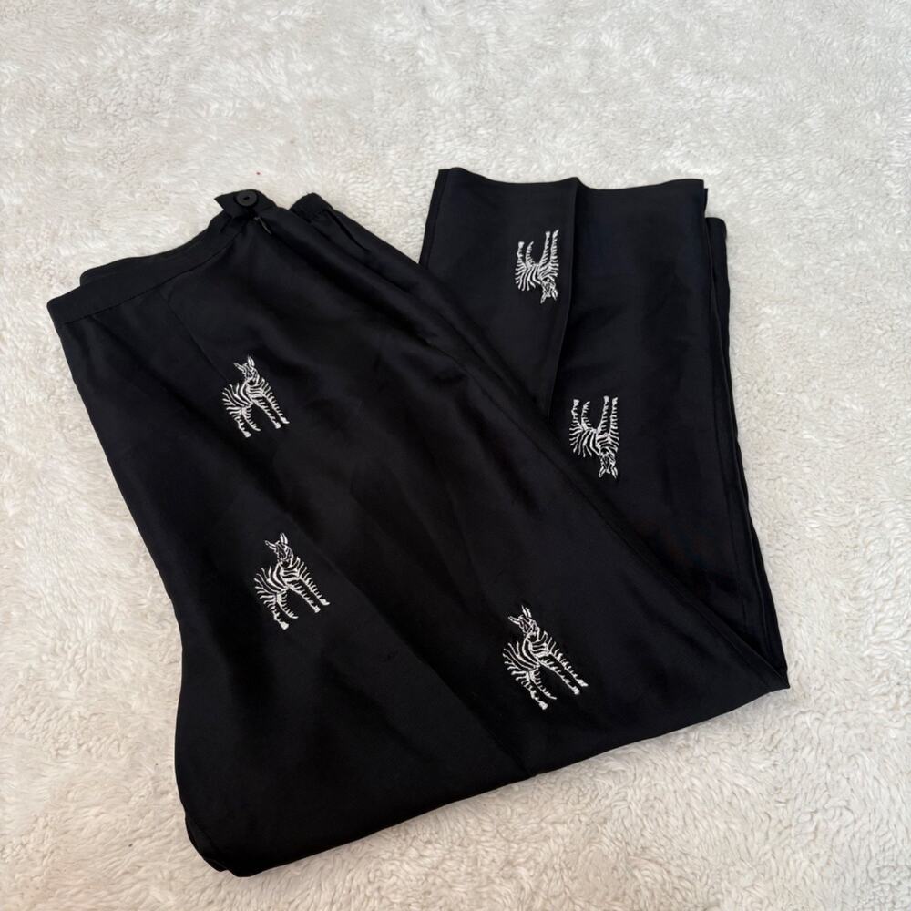 Silkland Womens Silk Zebra Embroidered Black Pants 10 Resort Vacation Summer